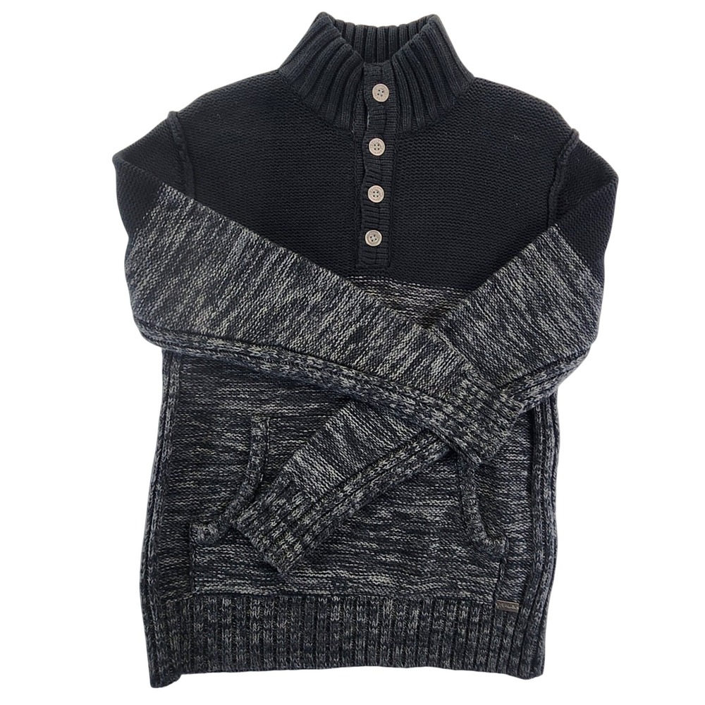 JB Holt Mens M Black Gray Marled Mock Neck Button Sweater Winter Casual Gorpcore